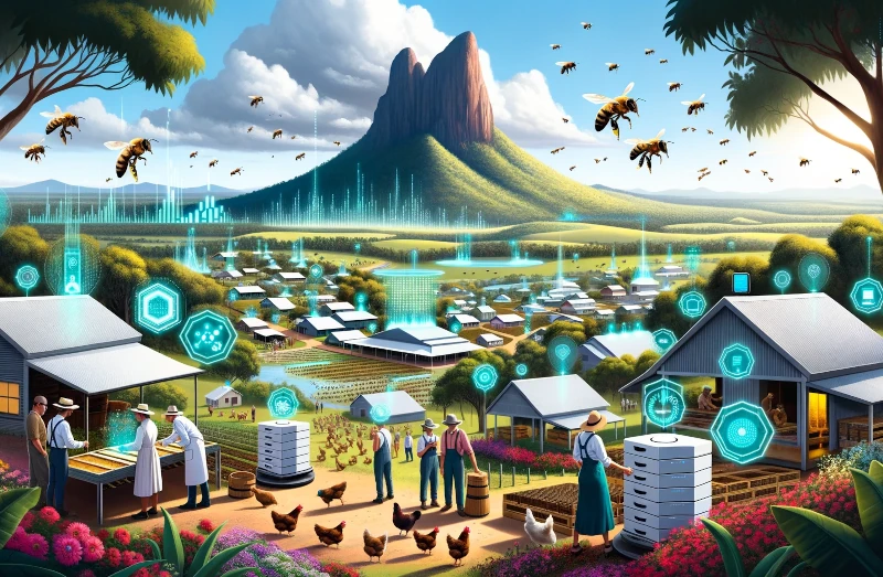 High-resolution illustration capturing Queensland's essence. The village is abundant with native plants, trees, and animals, harmoniously existing with cutting-edge farming technology. In the midst of the village, IoT devices, resembling futuristic tablets and drones, collect data, aiding in efficient farm management. Front and center, male and female beekeepers in protective gear tend to buzzing beehives, while chickens of various colors wander about. Overlooking this sustainable haven is the magnificent Mt. Cooroora, standing tall and proud in the distant background.