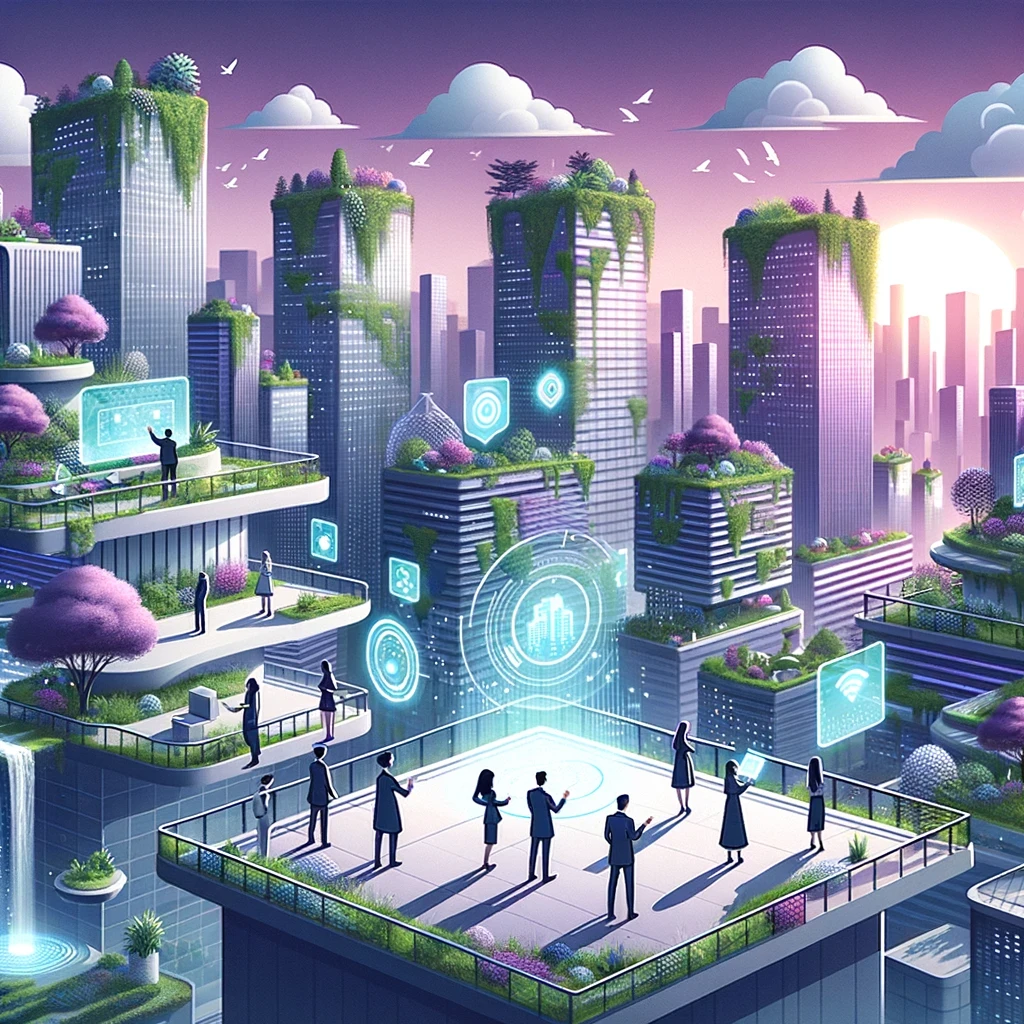 Illustration of a cityscape where buildings are covered in greenery and technological elements. Professionals of different genders and descent stand on terraces, engaging with holographic interfaces that display personalized digital solutions. Advanced devices float around them, harmoniously integrated with elements like water fountains and cloud-like structures. The setting sun casts a purple and muted blue hue over the scene, emphasizing innovation in harmony with nature.